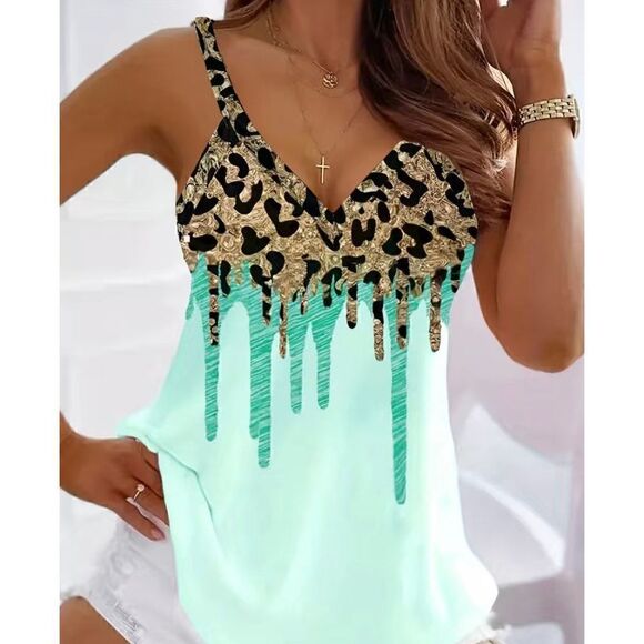 NEW SZ M Woman’s Leopard Cyan Drip Print V-Neck Halter Top - Picture 1 of 5